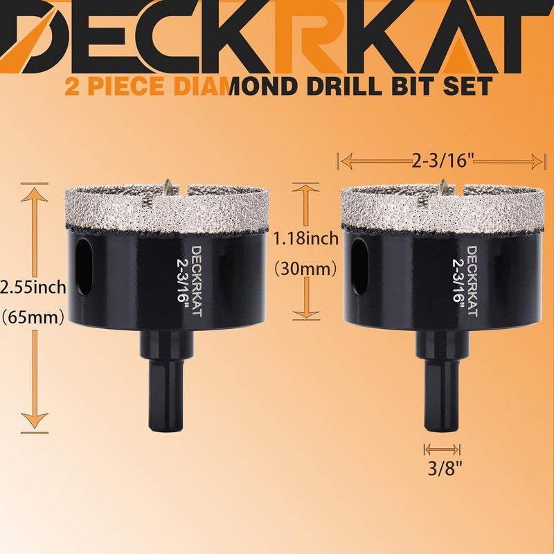 DECKRKAT 2-3/16 Inch Diamond Hole-Saw Bits with Pilot Drill Bit-2pc 2-3/16" Diamond Tipped Tile Hole Saws with Guiding Bit Accurate Drilling for Porcelain Tile Ceramic Pottery Granite Stone Glass Bottles 55mm - Image 2
